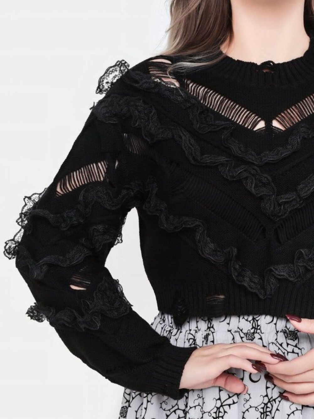 DISTURBIA Volla lace ruffle distressed knit cropped sweater